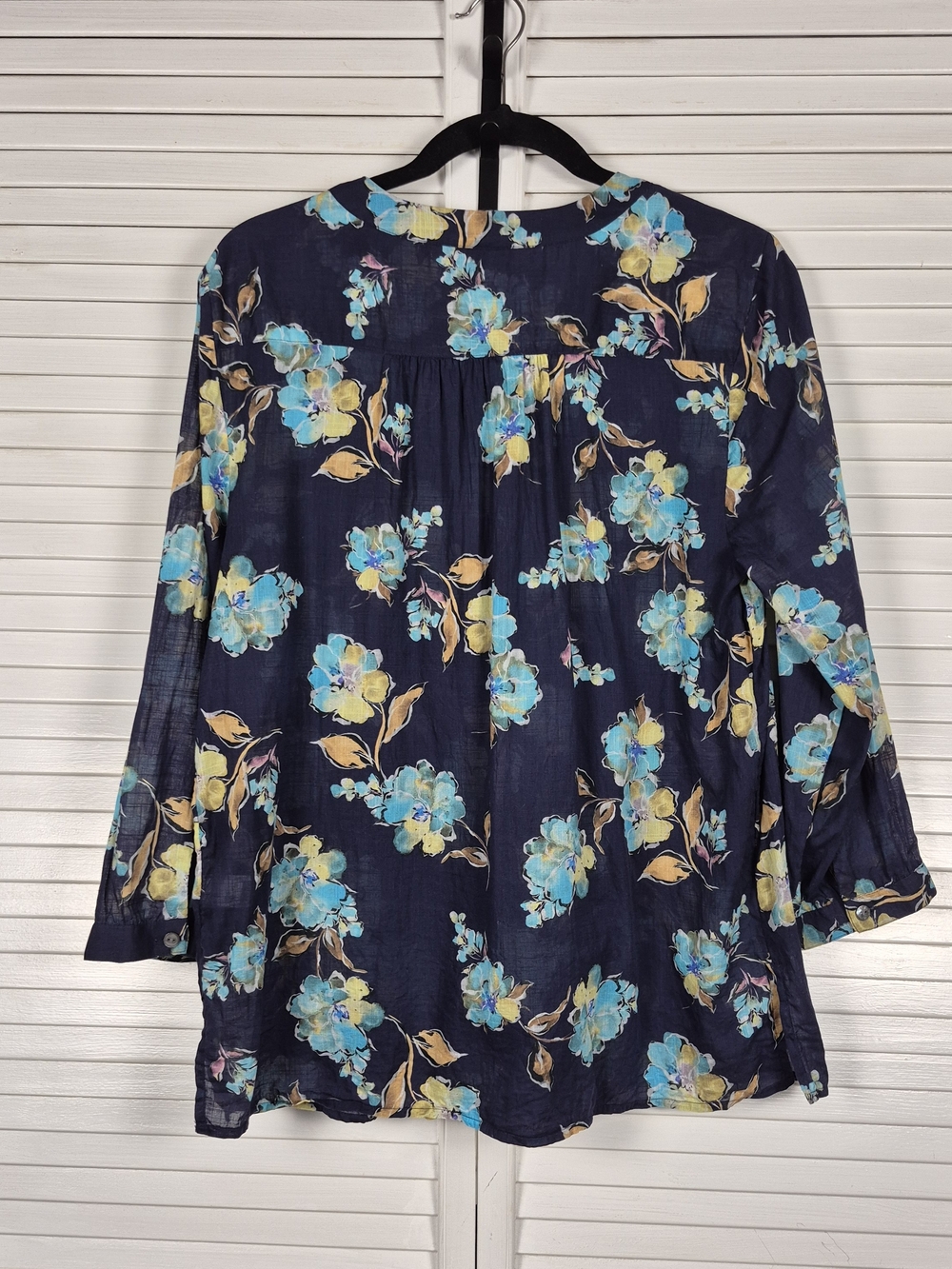 J. Jill 100% Cotton Floral Blouse Women's Large Blue 3/4 Sleeve Peasant Top - Picture 3 of 10